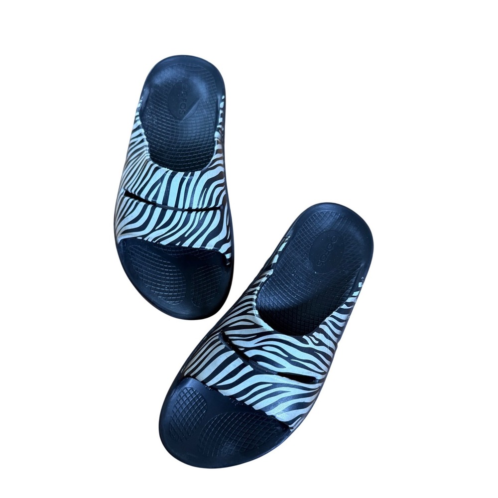 Oofos OOahh zebra print black and white comfort slide sandals